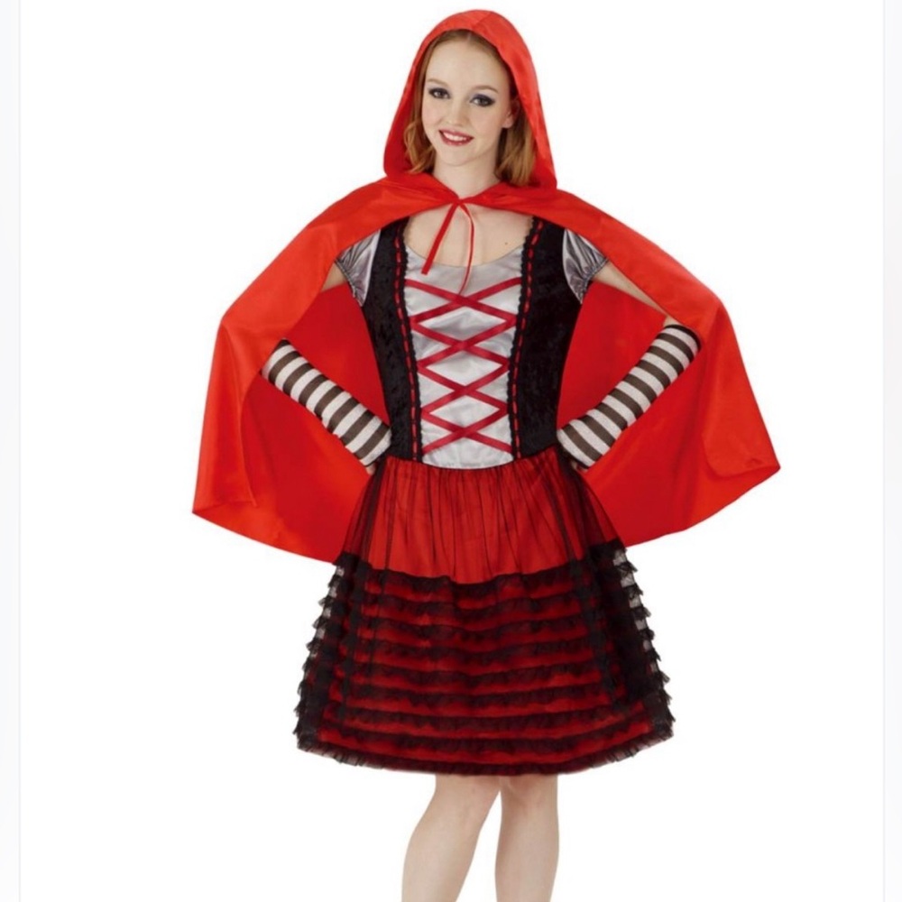 Women’s Red Riding Hood Costume Dress, Hooded Cape & Gloves - One Size Fits Most